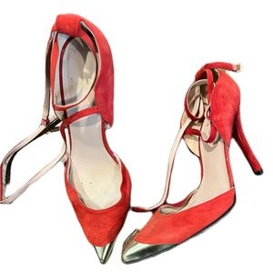 STUART WEITZMAN RED SUEDE WRAP ANKLE HEELS